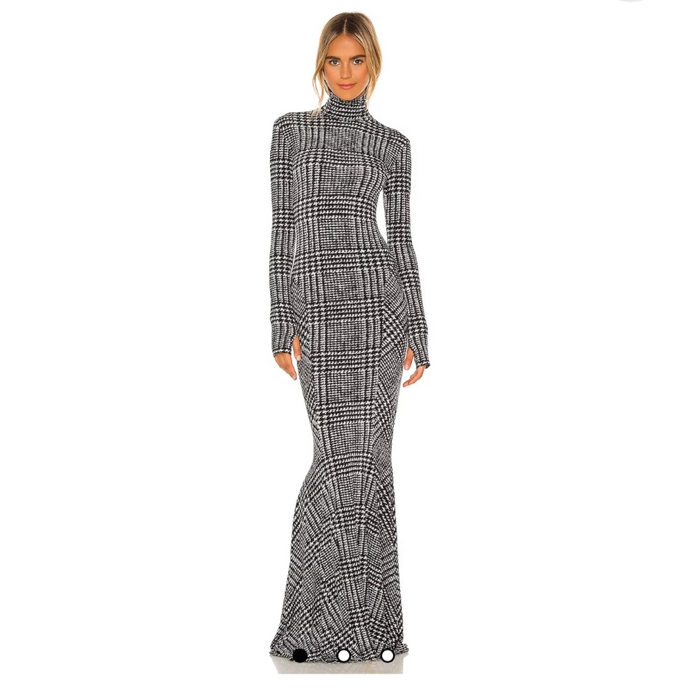 Norma Kamali Long Sleeve Turtle Fishtail Gown in Large Glenn Plaid